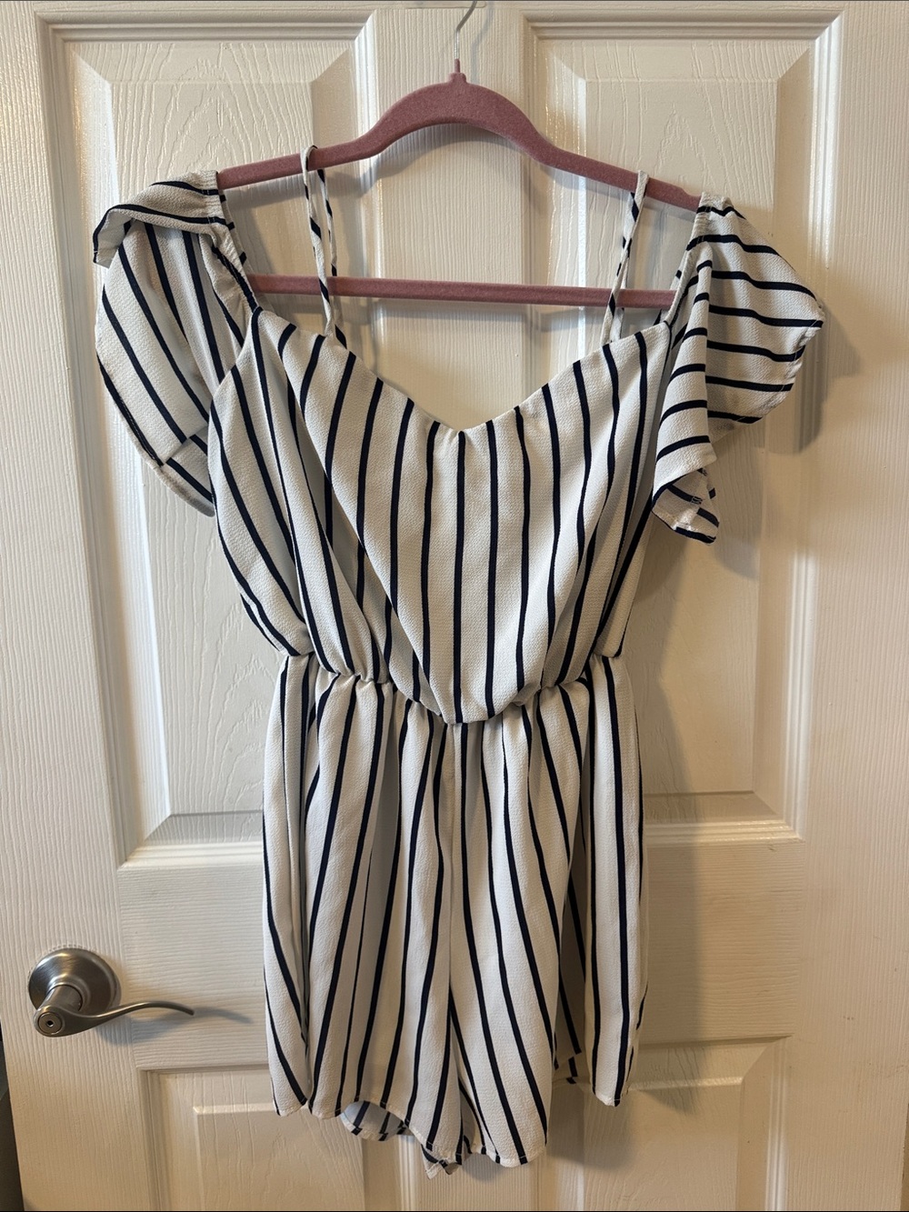 Ces Femme White and Black Striped Off-Shoulder Romper